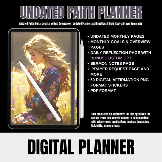 Undated Digital Faith Journal V3 with Affirmation Stickers & Companion GPT