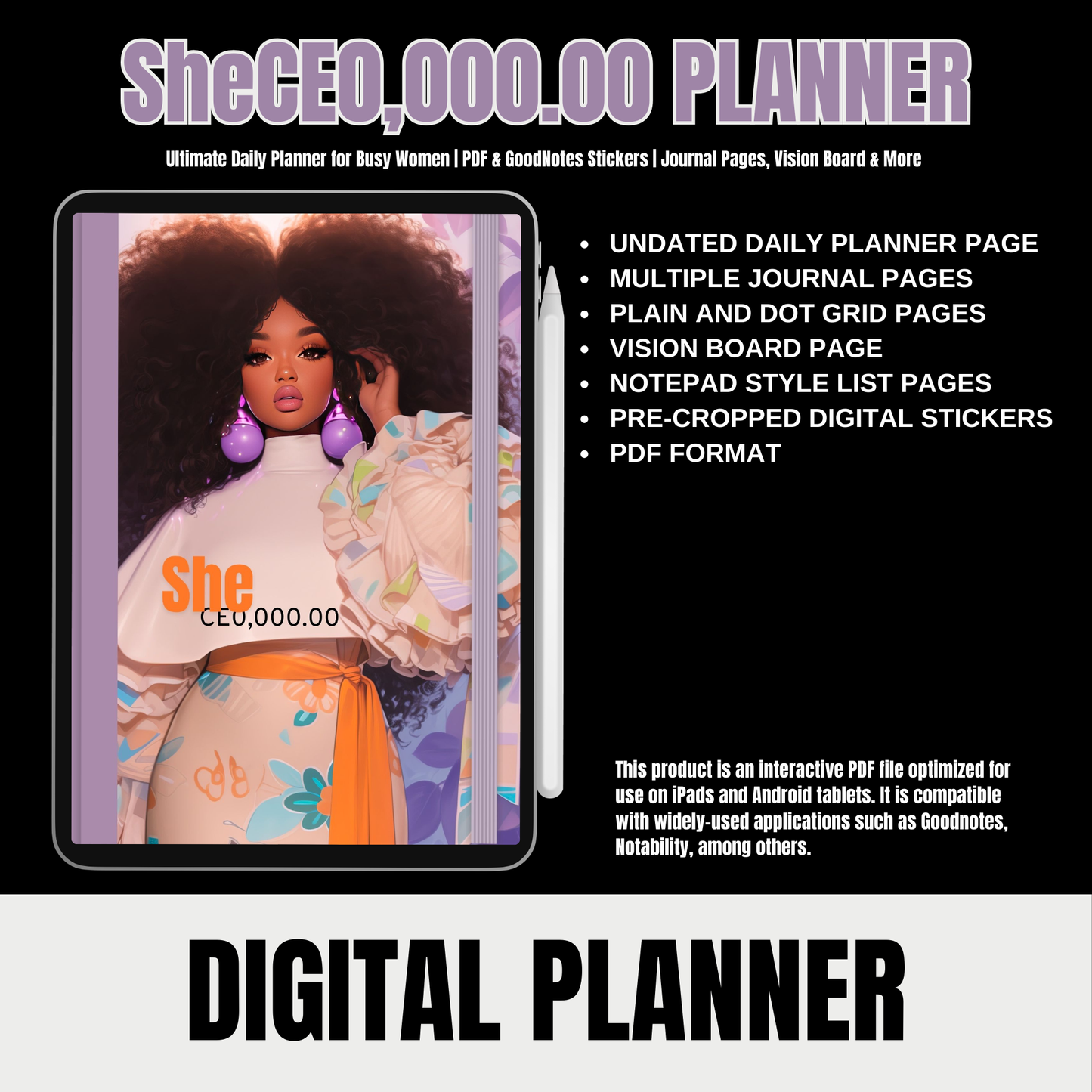 Digital Planner | Ultimate Daily Planner for Busy Women | PDF & GoodNotes Stickers | Journal Pages, Vision Board & More