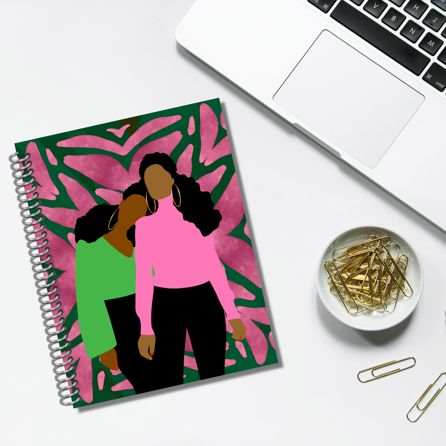 Spiral Bound Notebook - Pink and Green Sisters