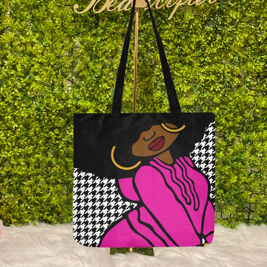 Reusable Shopping Bag - Houndstooth Pink Fro