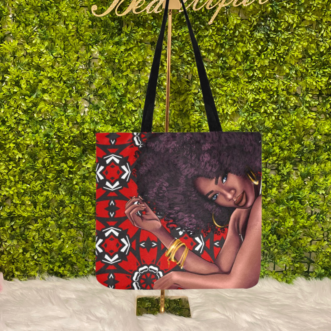 Reusable Shopping Bag - Red and Black Big Fro Chick